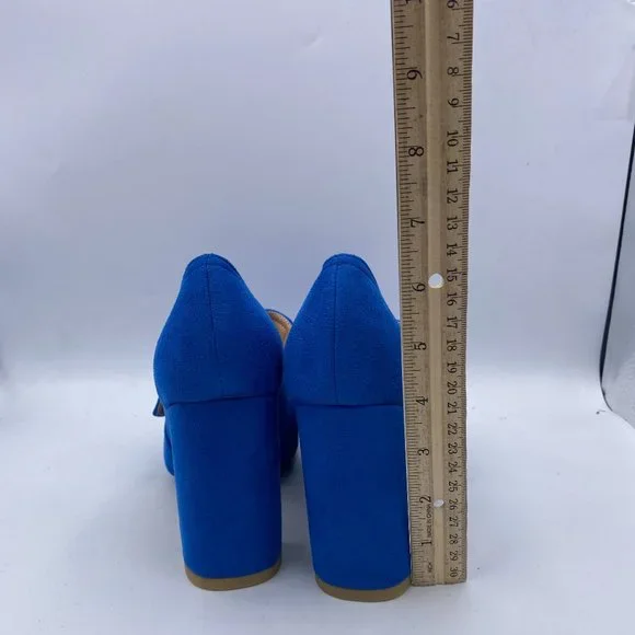 YDN Blue Suede Chunky High Heel Square Toe Loafer Buckle Office Pumps - Picture 7 of 11